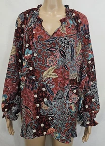 CHENAULT Bluse Größe 1X rot, blau Blumenmuster Rüschenausschnitt & Bündchen - Bild 1 von 14