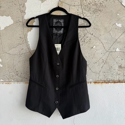 90s Guess Black Pinstripe Button Suit Vest Moto Grunge Goth Size Large NWT - Image 1 of 4