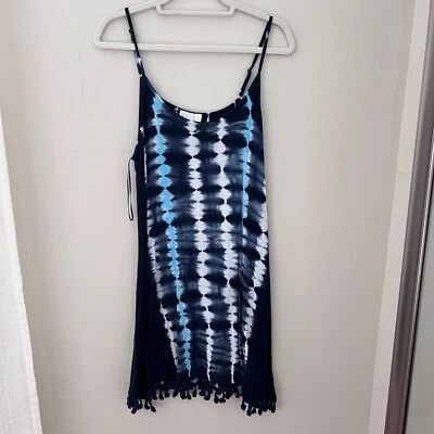 Vestido Beach Break Tie Dye sem mangas casual borla bainha azul branco G - Imagem 1 de 4