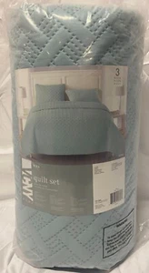 Vcny~ Nina Embossed Basketweave, Hypoallergenic, 3 Pc King Quilt SET, Blue, New - Picture 1 of 8