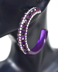 2" STATEMENT CLEAR PURPLE HOOP WITH 5 ROWS PURPLE/AB RHINESTONES HOOP EARRINGS - Picture 1 of 11