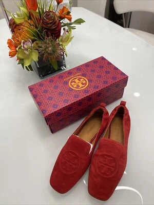 $228 Mocasines Tory Burch Leigh Pisos Rojo Cornalina Logo Repujado Gamuza Talla 8 Foto 1 de 4