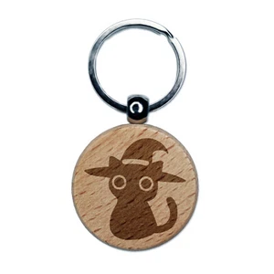Black Cat with Witch Hat Halloween Engraved Wood Round Keychain Tag Charm - Picture 1 of 6