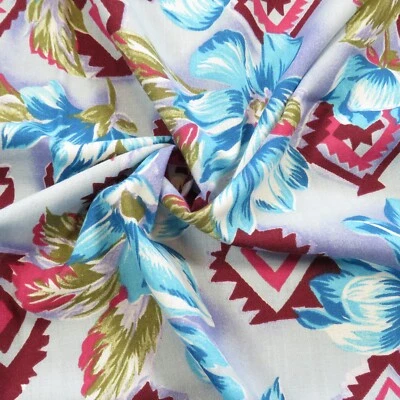 Tela de ropa floral geométrica de 2,8 años azul púrpura mezcla de rayón o rayón Foto 1 de 4