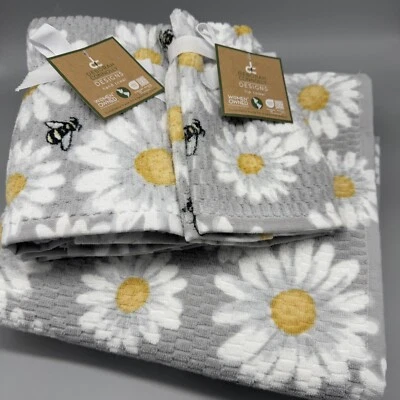 Juego de 6 toallas de baño Deborah Connolly Bumble Bee yema de dedo gris margarita floral Foto 1 de 4