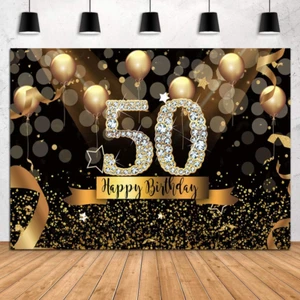 7X5Ft Happy 50Th Birthday Party Photography Backdrop Glitter Black and Gold Ball - Picture 1 of 12
