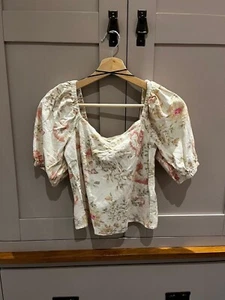 H&M Size 8 Sweetheart Neckline Linen Floral Peasant Blouse - Picture 1 of 4