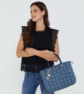 GUESS Kamina Denim Status Satchel Tote Bag Quilted With Charms - Picture 1 of 11