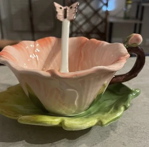 Flower Teacup, Leaf Saucer & Butterfly Spoon 3-Pc Set by Corner Ruby - Picture 1 of 17