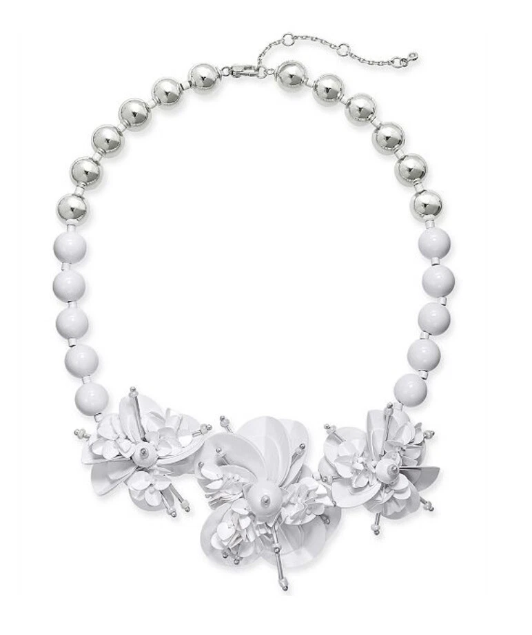 Kate Spade Sequin & Bead Leather Flower Statement Necklace, White/Silver  NWT! - Image 1 of 1