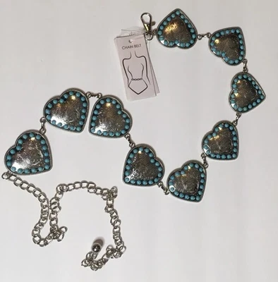 True Love WOMENS SILVER & TURQUOISE BEADED HEART SHAPED CHAIN BELT NWT - Image 1 of 3