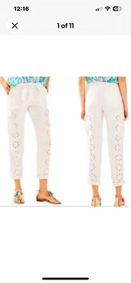 Pantalones cargo LILLY PULITZER para mujer Ziva blancos bordados de lino talla 12 Foto 1 de 4