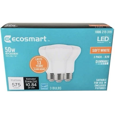EcoSmart 7W R20 Dimmable LED Light Bulb Soft White 2700K 575 Lumens (3 Pack) NEW - Image 1 of 4