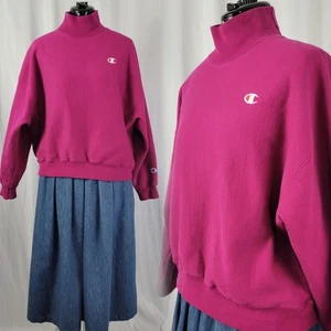 Felpa vintage Champion magenta tessuto rovesciato finto collo alto logo petto taglia L - Foto 1 di 20