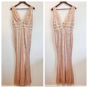 Vestido Miss Ord Oro Rosa Lentejuelas Profundo V Maxi Vestido Abertura Formal Noche XL NUEVO CON ETIQUETAS - Imagen 1 de 15