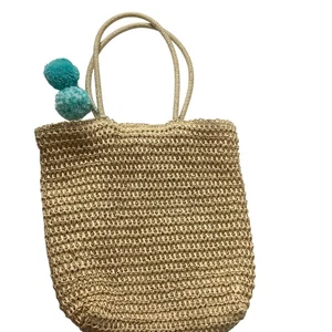 Double Nice Crochet Straw Tote Bag Pom Pom Accents 15"x16" Beach Vacation - Picture 1 of 6