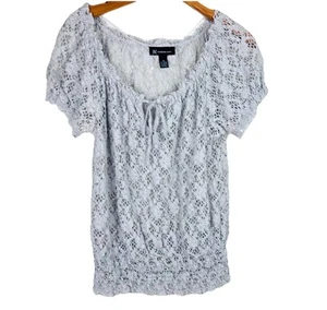 INC International Concepts Top Women M Gray Crochet Lace Tie Front Coquette Boho - Picture 1 of 6