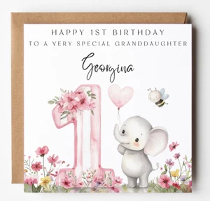 Granddaughter Elephant 1st Birthday Card, Cute Elephant, Pink Flowers, - Picture 1 of 5