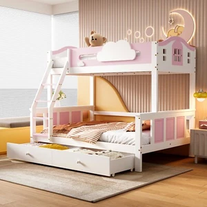 Etagenbett Kinderbett Hochbett 90x200+120x200cm mit Rausfallschutz & Schubladen - Bild 1 von 12
