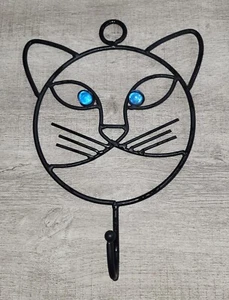 Gancho de pared de hierro forjado negro ojos azules gatito gato decoración del hogar - Imagen 1 de 3