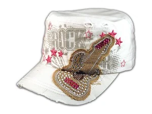 Rock Guitar on White Cadet Cap with Vintage Distressed Visor - Picture 1 of 4
