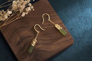 Green Jade Drop Dangle Earrings Gemstone Boho Minimalist Hook 18K Gold Plated