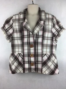 Girl's Justice Brown pink White Plaid Short Sleeve 3 Button Blazer Size L 14   - Picture 1 of 5