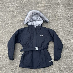 The North Face Black HyVent Greenland Jacket Girls Sz L Faux Fur Hood Goose Down - Picture 1 of 5
