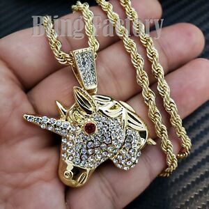 Iced Unisex Gold & Silver Plated Unicorn Pendant & 24" Rope Chain Bling Necklace