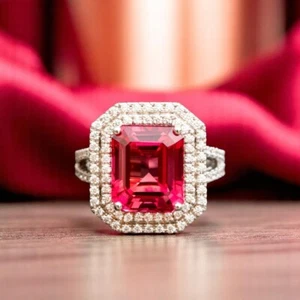 Alianza de oro 14K 9,30 quilates corte esmeralda diamante natural cultivado en laboratorio zafiro rojo - Imagen 1 de 12