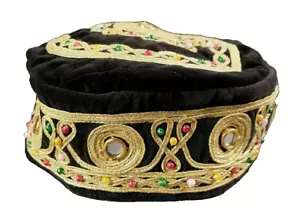 Kufi Velvet Gold Mirror Embroidered Lined Vintage Ethnic Hat Cap Black A106 - Picture 1 of 3