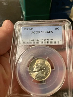 1943 P JEFFERSON NICKEL 5C PCGS MS66FS MS 66 FULL STEPS SILVER WAR Original Skin - Image 1 of 4