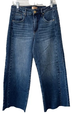 KUT from the Kloth Meg High-Rise Fab Ab Wide Leg Raw Hem Blue Womens Sz 2 NWT - Image 1 of 4