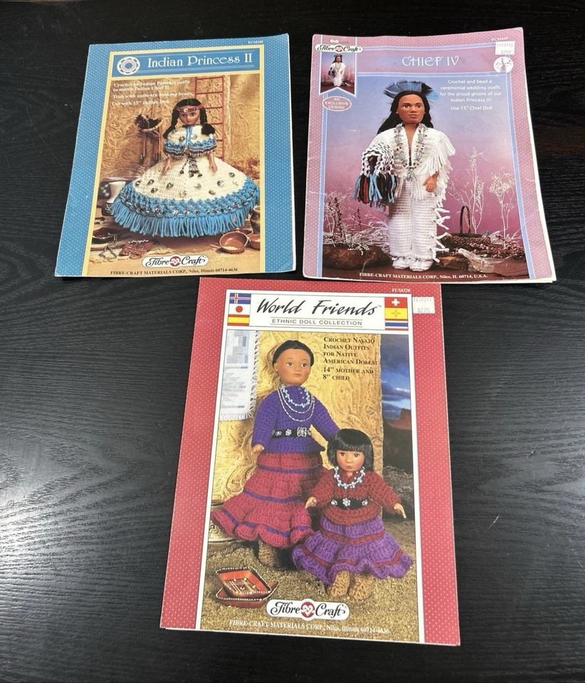 Lot Of 3 FIBRE CRAFT INDIAN PRINCESS Chief World friends Crochet Doll Patterns - Image 1 of 4