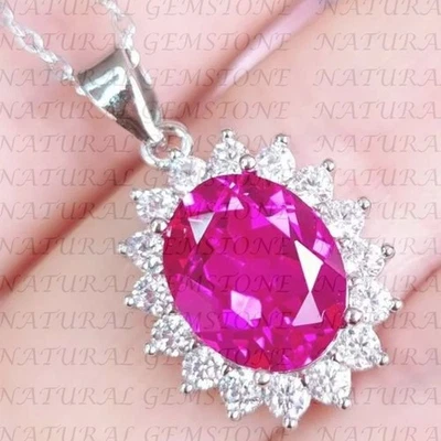 8.50Crt Oval Cut Natural Sapphire and Diamond Halo Pendant 18K White Gold Plated - Image 1 of 4