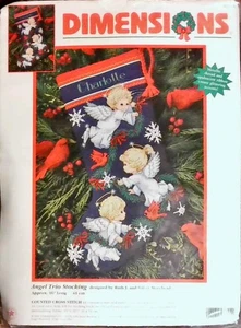 Angel Trio Stocking cross stitch KIT 8644 dimensions 16" navy Aida fabric - Picture 1 of 2