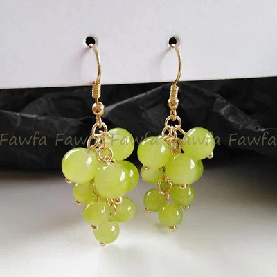 Natural 4/6mm Green Peridot Gems Round Beads Grape Cluster Dangle Hook Earring - Image 1 of 4