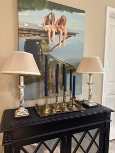 Pair 2 Frederick Cooper Hand Painted Ceramic Table Lamps Floral Signed pleated - Picture 1 of 20