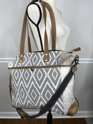 Myra Bag crossbody Flounce Messenger Bag Upcycled Canvas & Cowhide Leather - Image 1 of 4