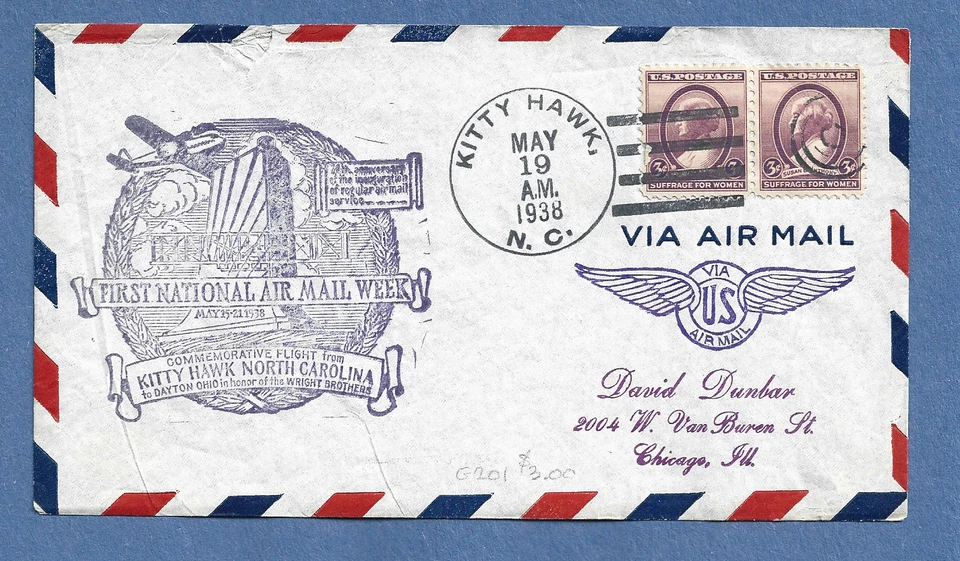 KITTY HAWK N.C TO DAYTON MAY 19,1938 NATIONAL AIR MAIL WEEK  FIRST  FLIGHT - Image 1 of 1