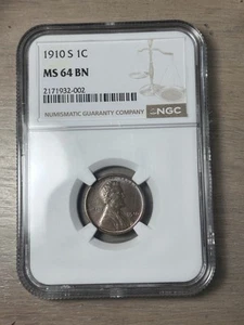 1910-S Lincoln Wheat Cent NGC MS64BN 1c Key San Francisco Date Near Gem BU - Picture 1 of 4