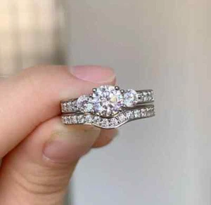 1.5Ct Round D/VVS1 Moissanite Bridal Set Engagement Ring 14 White Gold Plated - Picture 1 of 6