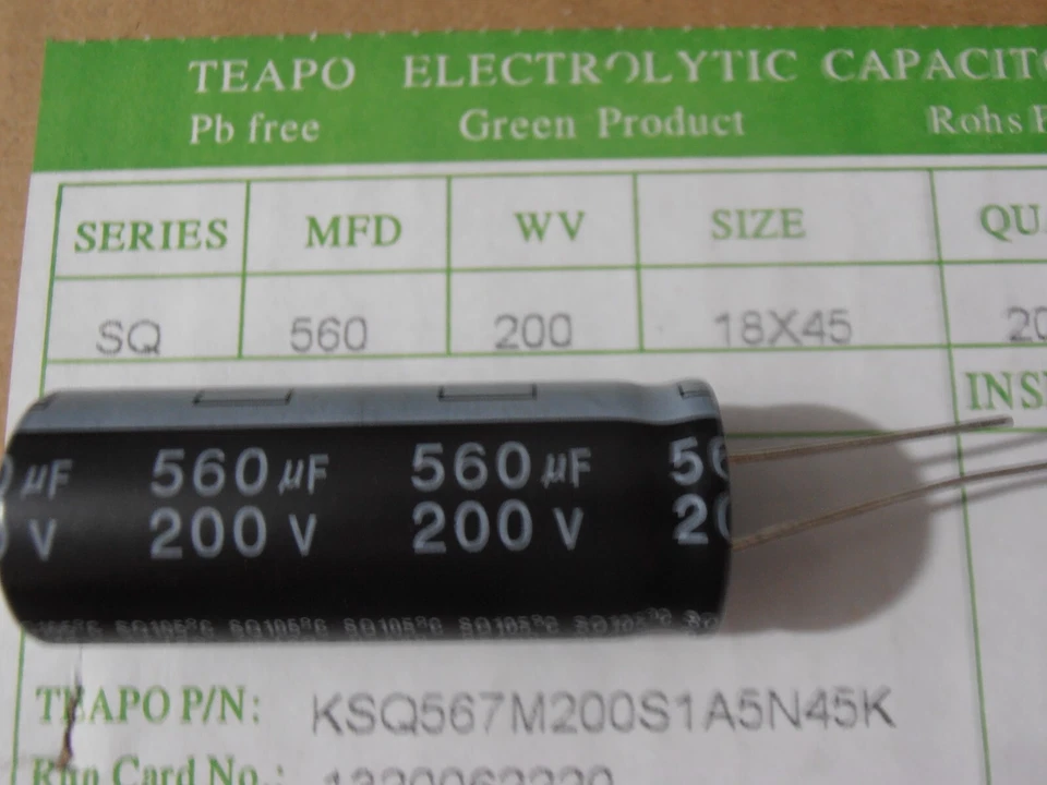 2X 560uf  200V SQ series Electrolytic cap. +105C High Ripple 18x45 Teapo - image 1 of 1