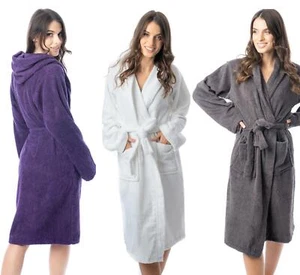 Luxury Womens Terry Towelling Robe 100% Cotton Dressing Gown Bathrobe Hooded  - Picture 1 of 28