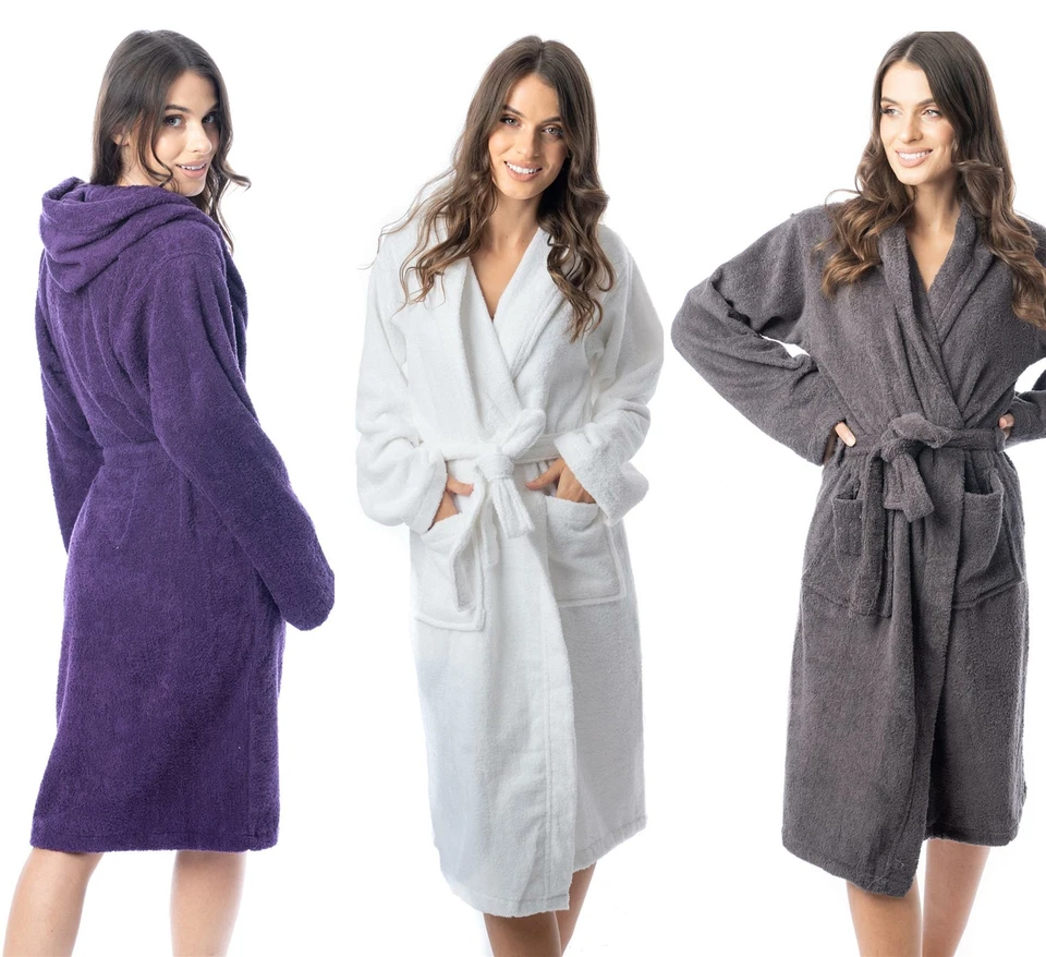 Luxury Womens Terry Towelling Robe 100% Cotton Dressing Gown Bathrobe Hooded