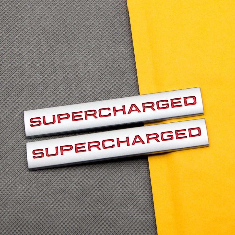 2Pcs Silver & Red Metal Supercharged Emblem Car Turbo Engine Badge V6 V8 Sticker - Image 1 of 4
