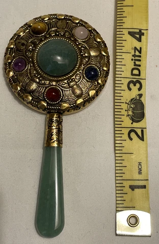Mini Handheld Ornate Oriental Gemstone Mirror Gold Tone. (TC) Cover
