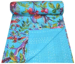Indian Floral Hand Bird Print Kantha Quilt Twin Turquoise Bedspread Throw Quilt - Picture 1 of 5