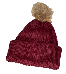 BCBGeneration Maroon Red Faux Fur Pom Pom Beanie Stretch Knit Cozy Winter Hat - Picture 1 of 3