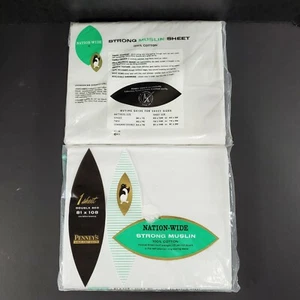 2 Vintage Penneys White Strong Muslin Double Flat Top Sheet 100% Cotton NOS - Picture 1 of 10